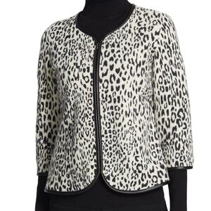 Chicos Sz 1 US M Leopard Animal Print Wool Full Zip Trimmed Patricia Cardigan